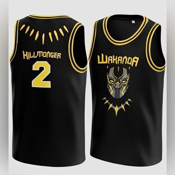 Killmonger 2 Wakanda Black Panther black/gold stitched mesh basketball jersey. - Picture 1 of 8